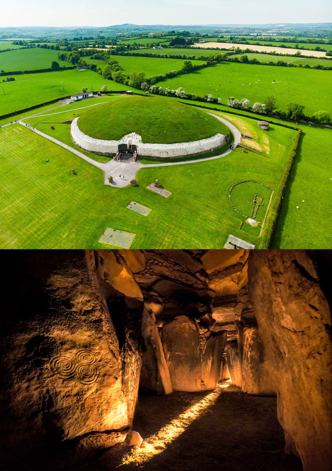 Newgrange is a grand passage tomb in Ireland, built around 3200 BC, making it older than Stonehenge and the Egyptian pyramids. It's best known for the illumination of its passage and chamber by the Winter Solstice sun through a 'roofbox' located above the passage entrance