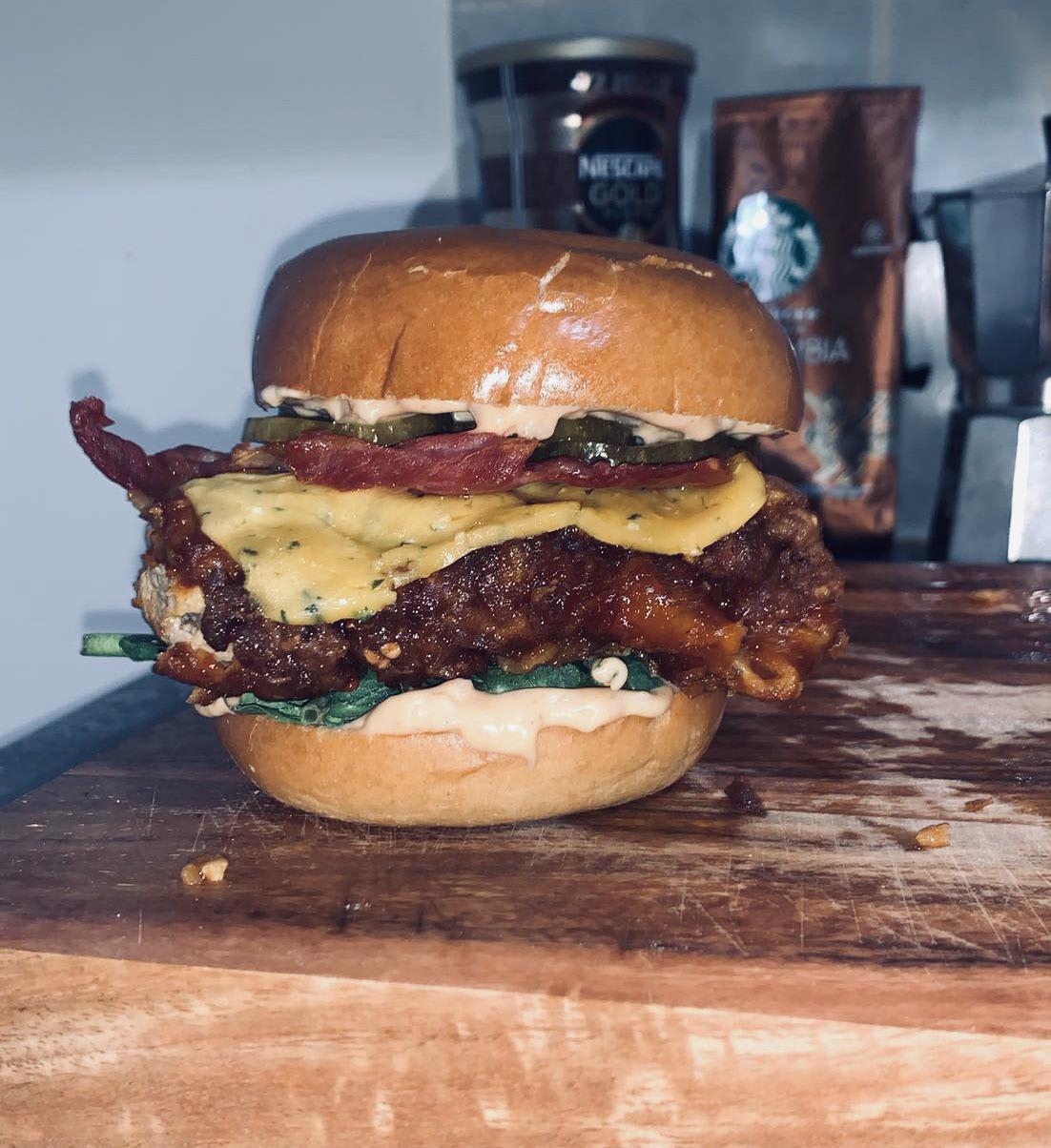 Had my post removed from r/burgers because apparently this is a sandwich. I hope my honey and sriracha glazed fried chicken (burger) is welcome here ☺️