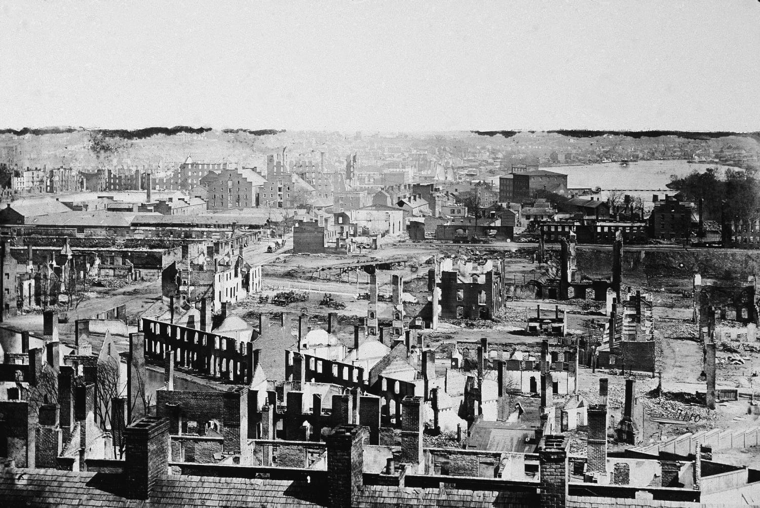 Aerial view of the ruins of the city of Richmond after General Sherman's "March to the Sea" campaign which began in Atlanta on November 15, 1864, and ended in Savannah on December 21, 1864.