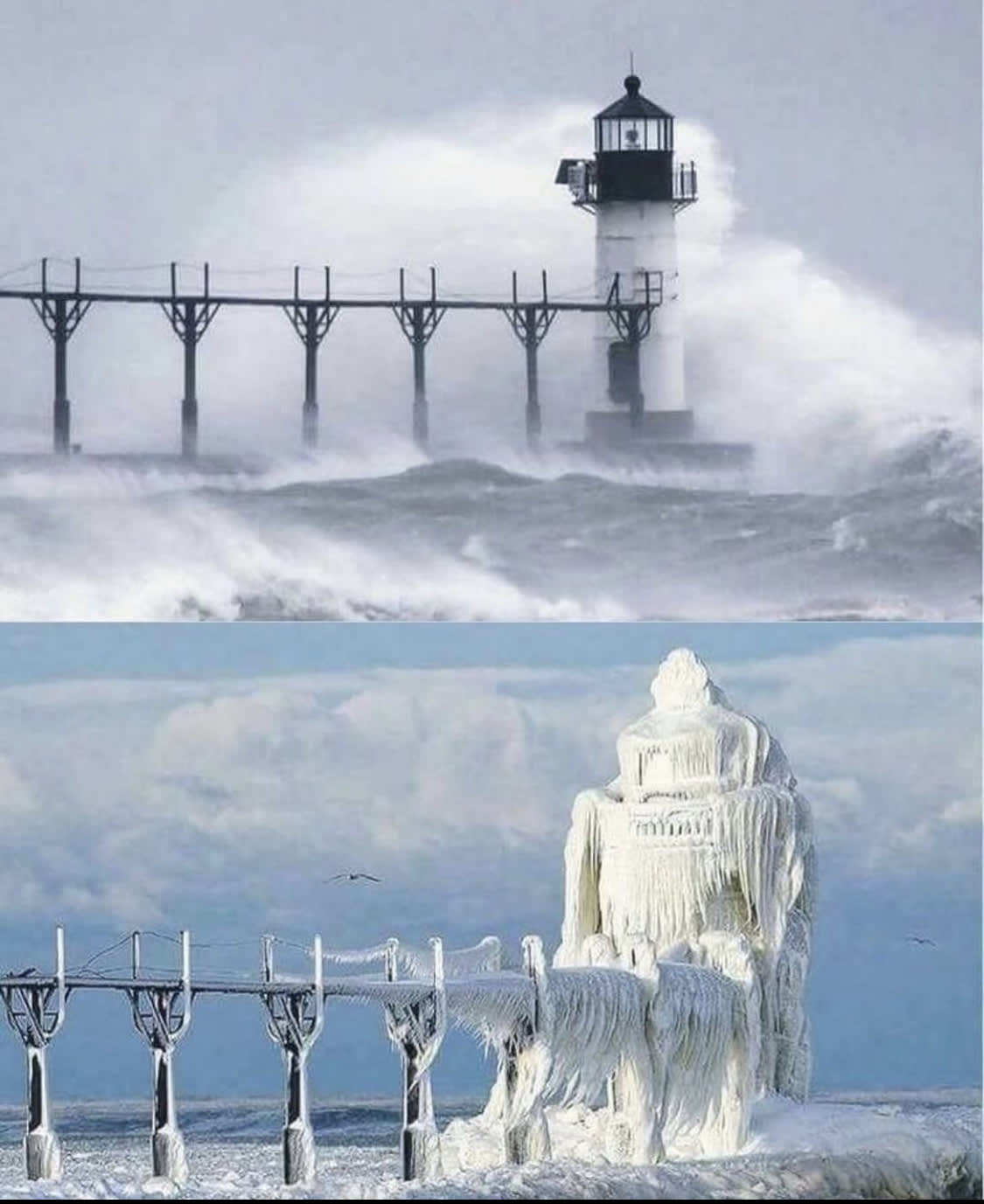This lighthouse before and and after an ice storm.
