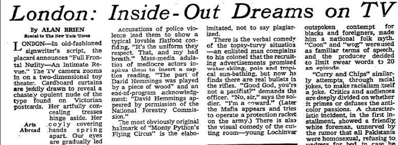 50 years ago today: The Times reviewed "Monty Python's Flying Circus,"calling the program "childlike, yet sophisticated, surrealist and simpleminded" and "very funny."