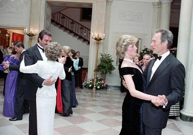 Tom Selleck dancing with Nancy Reagan and Clint Eastwood dancing with Princess Diana at the White House in 1985.