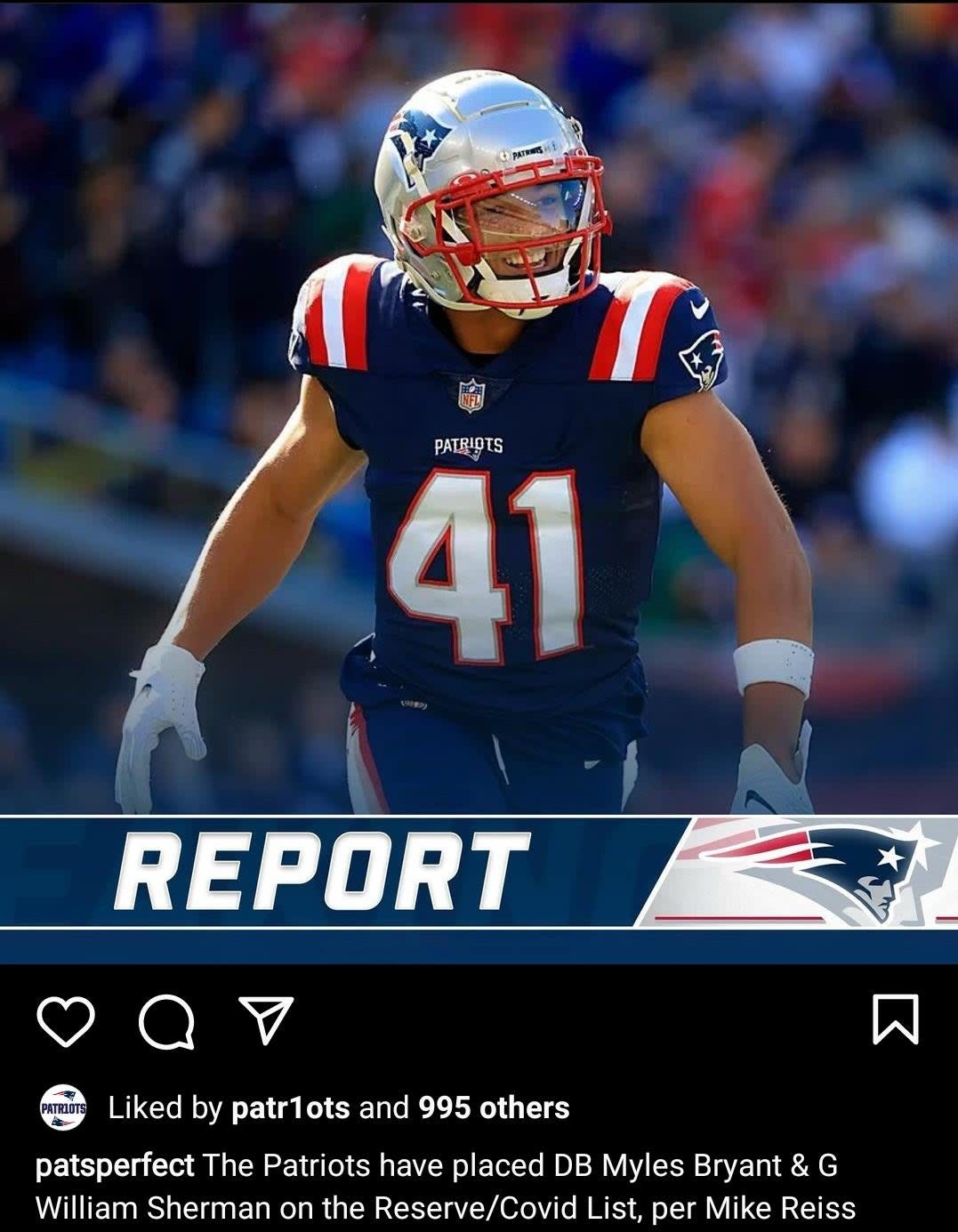 [Patsperfect on IG] The Patriots have placed Myles Bryant and William Sherman on the Reserve/Covid list