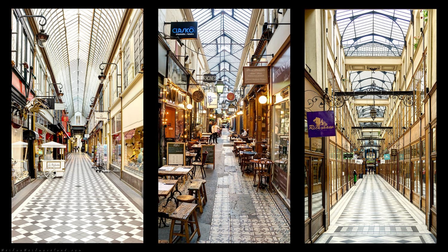 Parisienne Walkways. These covered passages were an early form of shopping arcade built in Paris during the 19th century. Of the 150 built by the 1850s only a few remain. These passages connected 2 streets, were all paved, covered with glass ceilings, artificially illuminated, and privately owned.