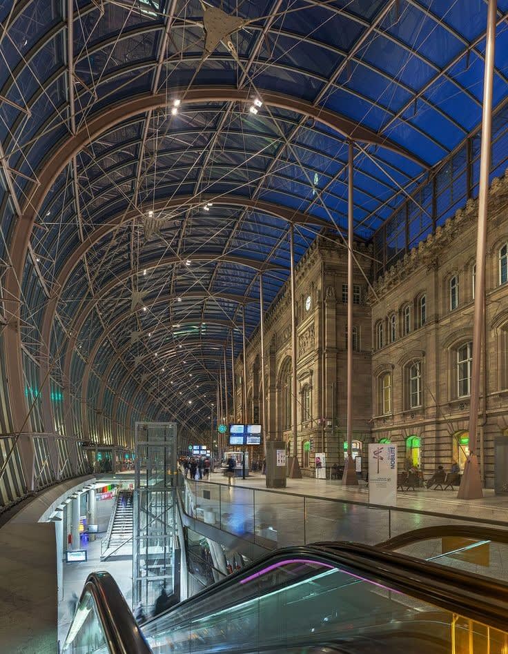 The exquisite enclosure that wraps Johann Eduard Jacobsthal's historic Strasbourg Railway Station, designed and delivered by SNCF Architect Jean-Marie Duthilleul, engineering firm RFR and the Austrian glass engineers/magicians at Seele