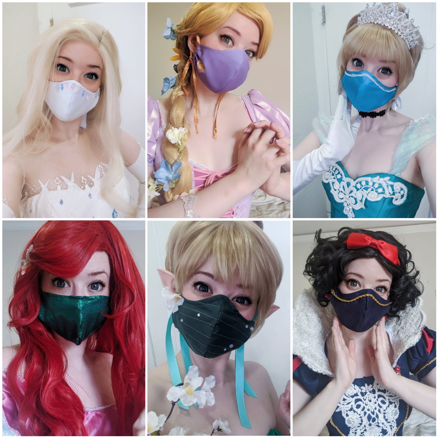 [Self] Elsa, Rapunzel, Cinderella, Ariel, Tinkerbell and Snow White in masks.