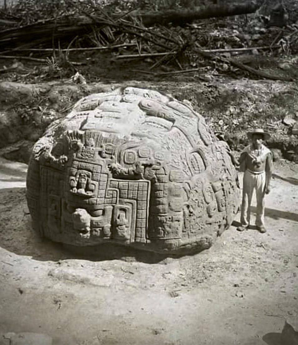 Izabal, Guatemala 1894.. the largest of the three-dimensional Maya zoomorphs found at the Quirigua archaeological site which weighs 20 tons.