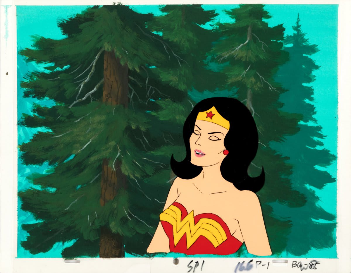 Wonder Woman takes a moment to chill with some pine trees in this undated and uncredited Super Friends production cel. Not a cellphone in sight.
