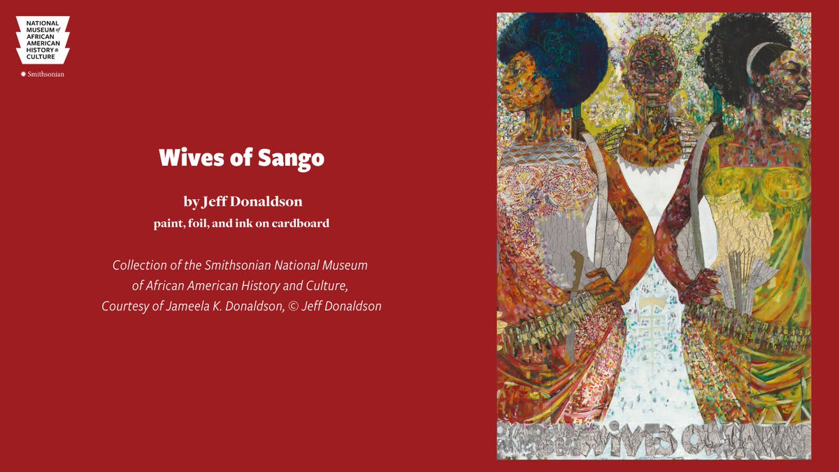 Wives of Sango by Jeff Donaldson depicts three women that are symbolic representations of deities in the Yoruba religion of Nigeria. They also are the wives of Sango—deity of fire, thunder, and justice.