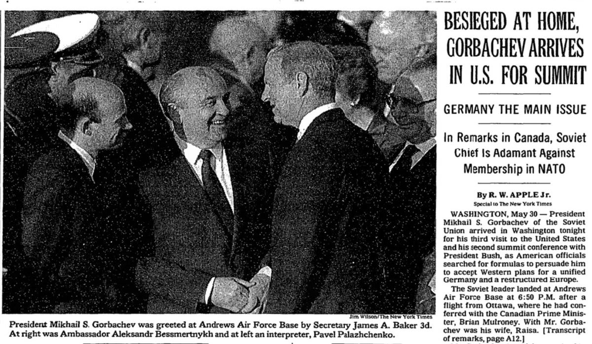 Today in 1990: President Gorbachev of the Soviet Union arrived in the U.S. for his second summit conference with President Bush