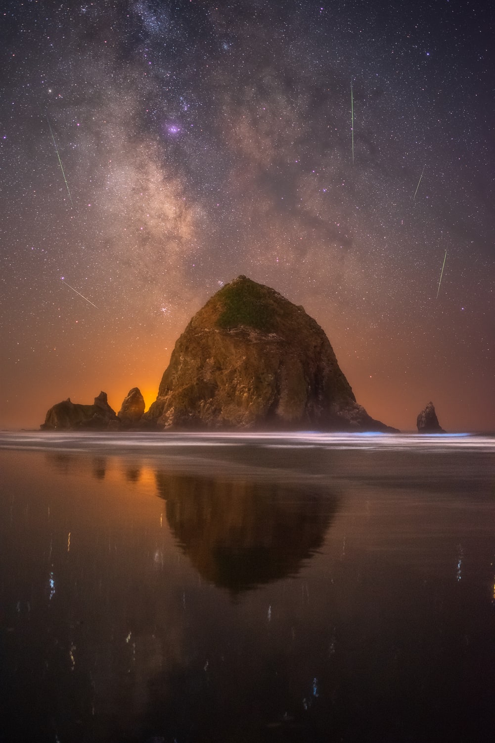 Cannon Beach at night during the Perseid Meteor Shower
