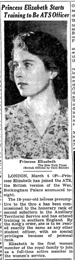 Today in 1945: Queen Elizabeth, then Princess Elizabeth, joined the women's branch of the British army for training. By the king's order, she was to be treated the same as any other student.