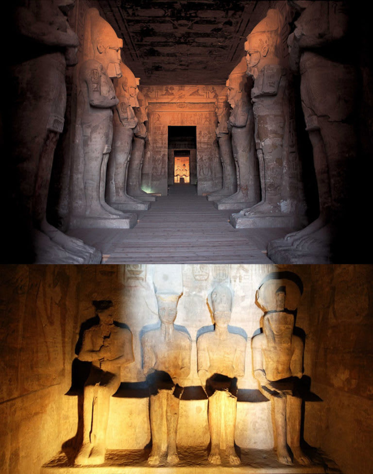 Interior of Abu Simbel temple, Egypt; On October and February 22, sun will penetrate sanctuary and illuminate all the sculptures except Ptah, god connected with underworld.