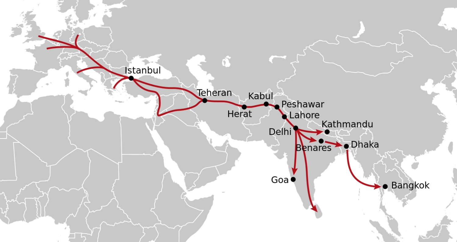 The Hippie Trail was an overland journey taken by many hippies from the mid 60s until the late 70s; in every major stop of the hippie trail there were hotels, restaurants and cafés that catered almost exclusively to the pot-smoking Westerners.