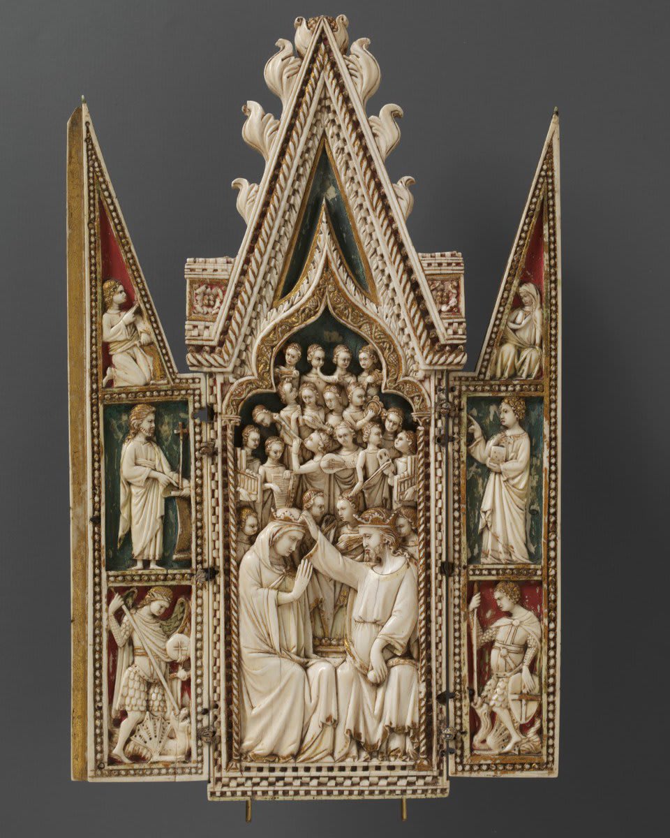 Made in Venice during C.14th, this Triptych showcases the Coronation of the Virgin Mary beneath a choir of angels. Most of the carvings shown here were made for wealthy patrons & collectors, who delighted in the rarity of the materials such as ivory & quality of the carving.