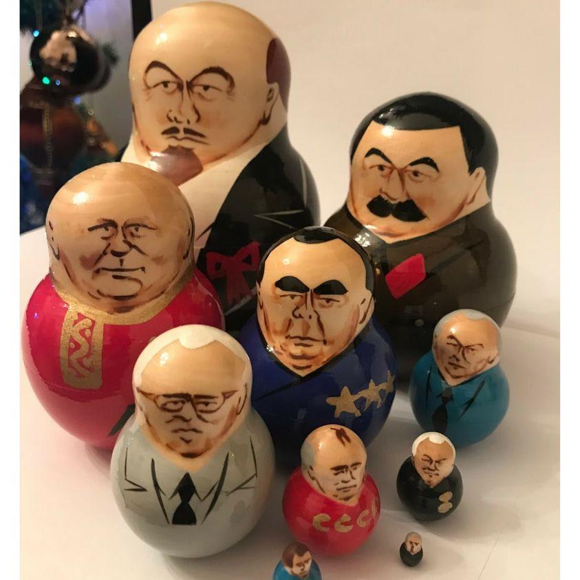 NEW IN STOCK! Large handmade in Russia 10-Piece Soviet & Post-Soviet Leaders Nesting Doll. Vladimir Lenin, Joseph Stalin, Nikita Khrushchev, Leonid Brezhnev, Mikhail Gorbachev and others.