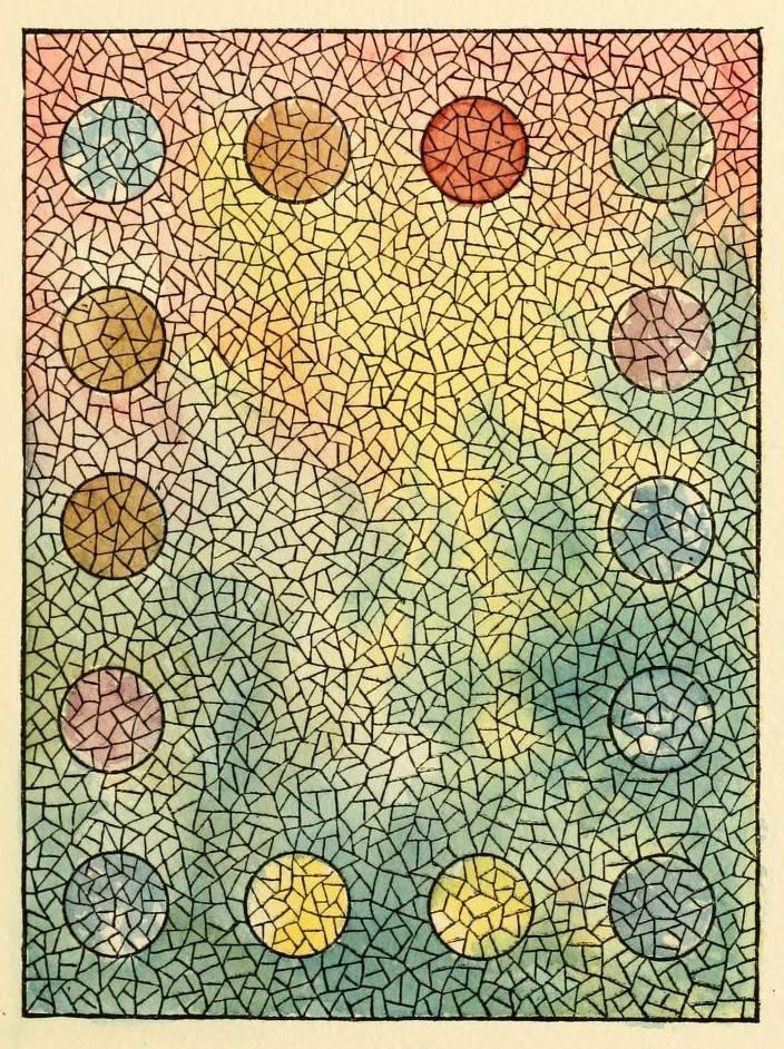Abstract design from an 1886 catalogue showcasing the work of stained glass artist Henry Belcher and his New York-based Belcher Mosaic Glass Company. More from the catalogue here: