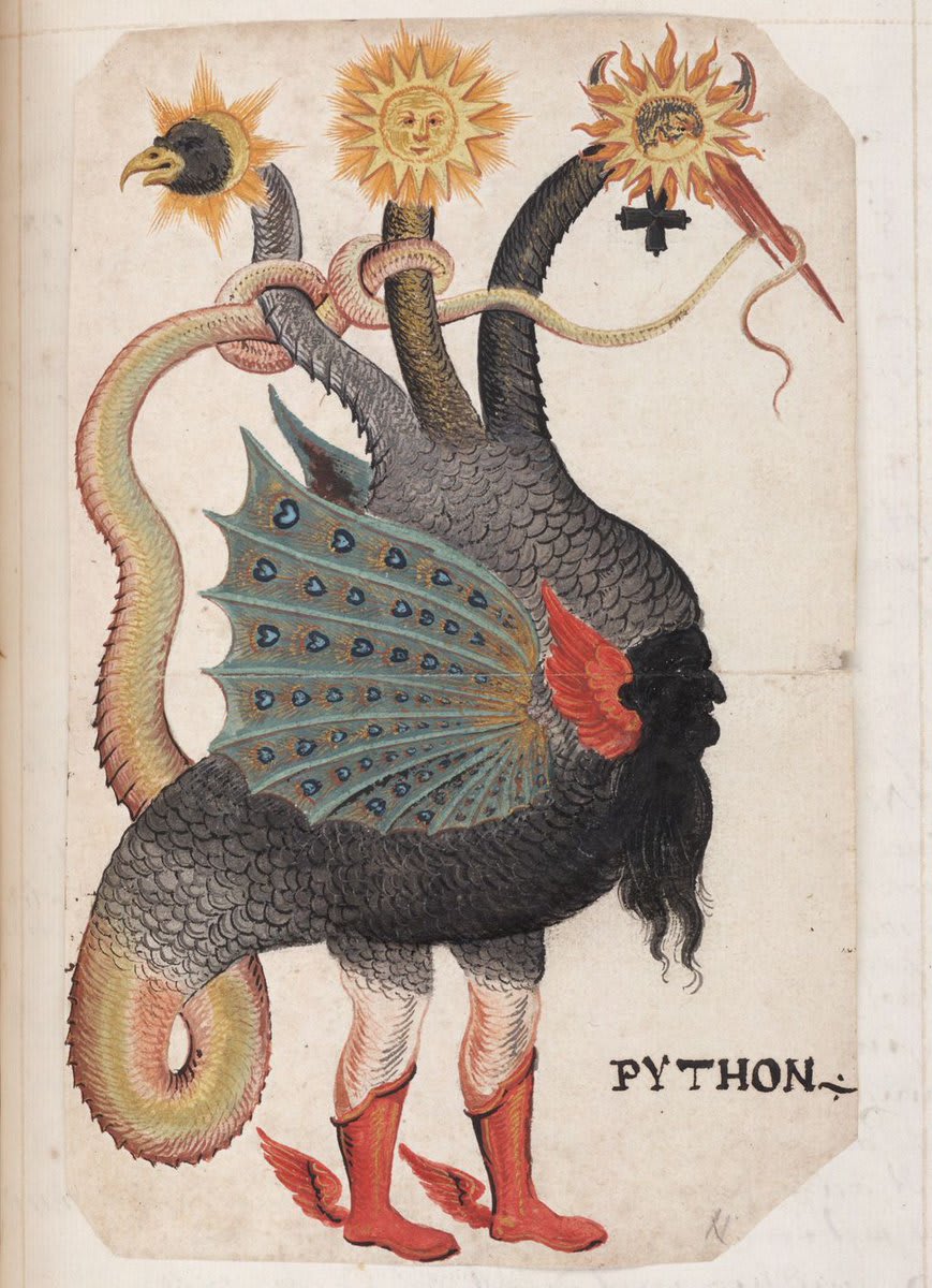 Illustration of a three-headed "python", ca. 1760, from a compendium of alchemical and Rosicrucian imagery. Featured in our new book Affinities, an exploration of echoes and resonances across two millennia of visual culture. ⁠More about the book here: