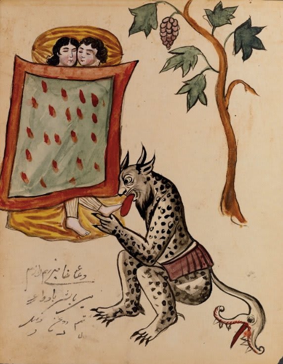 Toe-licking demon, circa 1921. One of many demonic entities found lurking in a Persian manuscript on magic and astrology from Isfahan, Iran. See our highlights here: