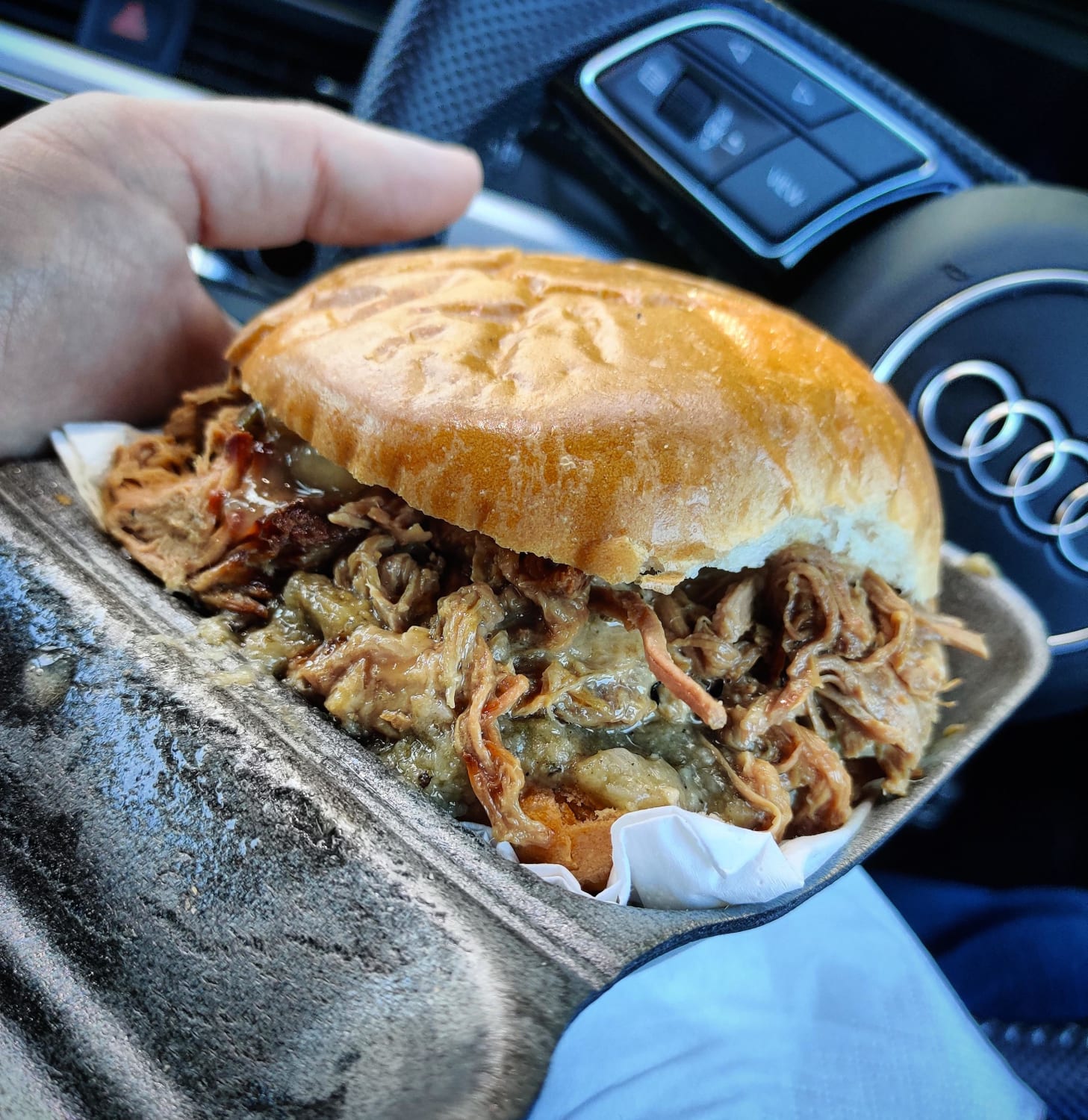 Restaurants still closed, still working remotely. This was my "work Christmas party" this year - roast pork shoulder, stuffing, apple sauce, gravy, on a roll, from a local food truck.