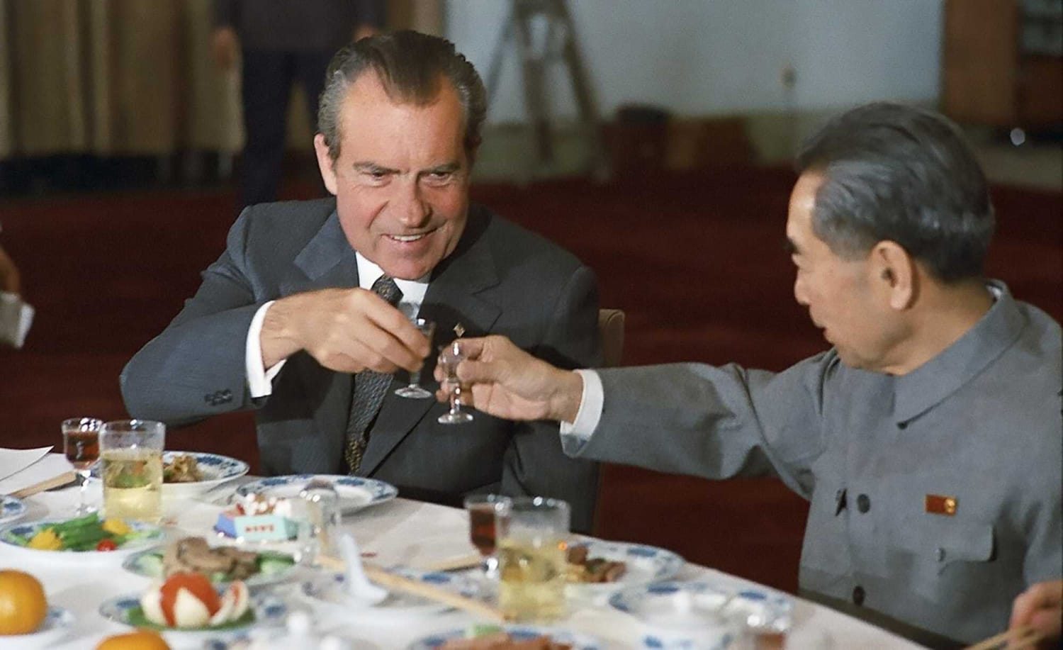 U.S. President Richard Nixon and Chinese Premier Zhou Enlai toast. Beijing, China, February 25, 1972.