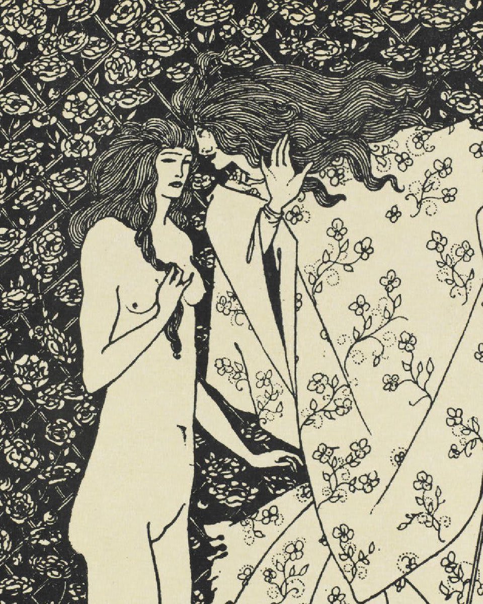 Known for his often provocative and controversial illustrations, Aubrey Beardsley was a leading figure of the Aesthetics Movement. Beardsley's style was influenced by Japanese woodcuts and naturalistic motifs would often appear in his works.