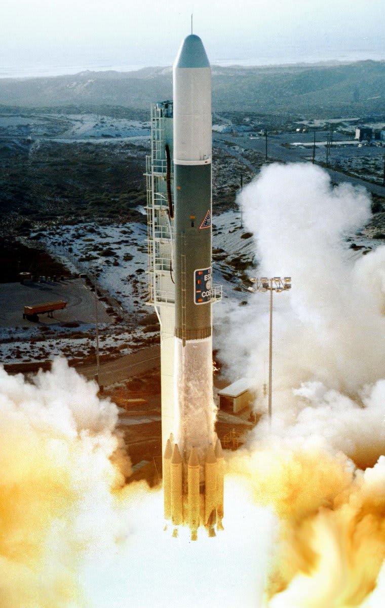 OTD 9 August 1975, COS-B was launched from Vandenberg Air Force Base on a NASA Thor Delta 2913 rocket. The first scientific satellite of the newly formed ESA, it surveyed the galaxy in gamma rays. See:
