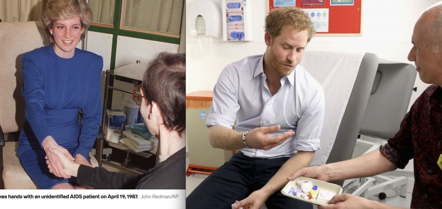 Princess Diana (left) shaking hands with an AIDS patient, changing worldwide public perception of AIDs in 1987. Prince Harry live-streaming himself taking an HIV test (right), which led to a 5 fold increase in HIV test orders and changed testing stigma worldwide.