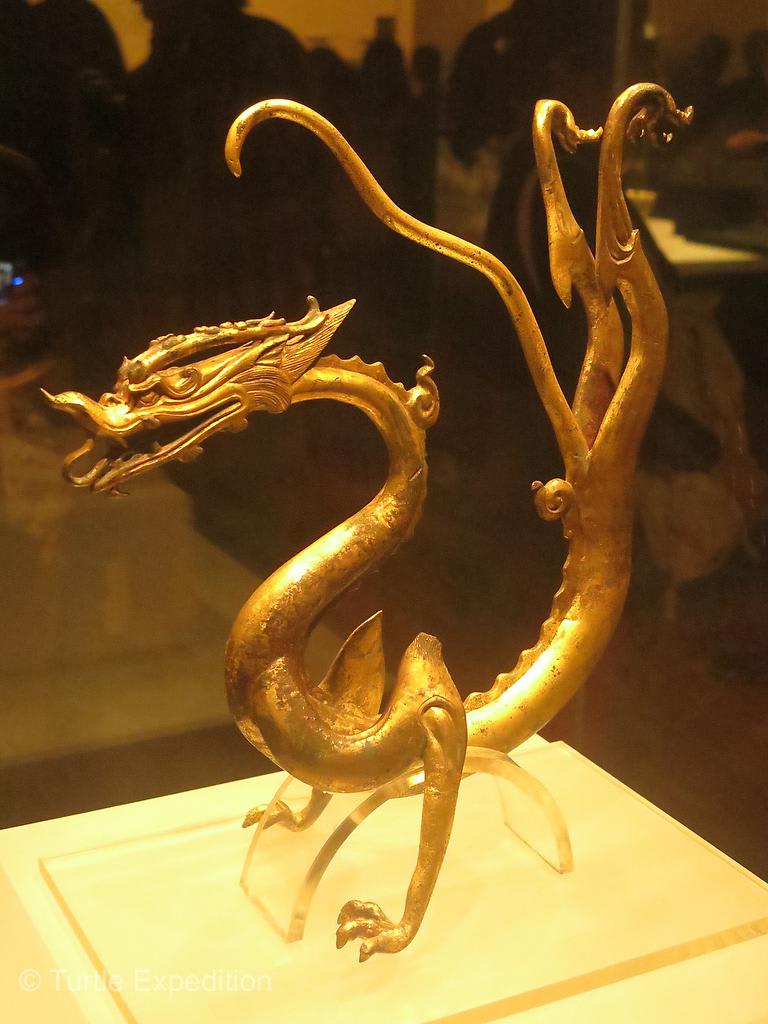 A gilded bronze dragon unearthed from Caochangpo in the southern suburb of Xian in 1975. Tang dynasty (618-907), now on display at the Shaanxi History Museum