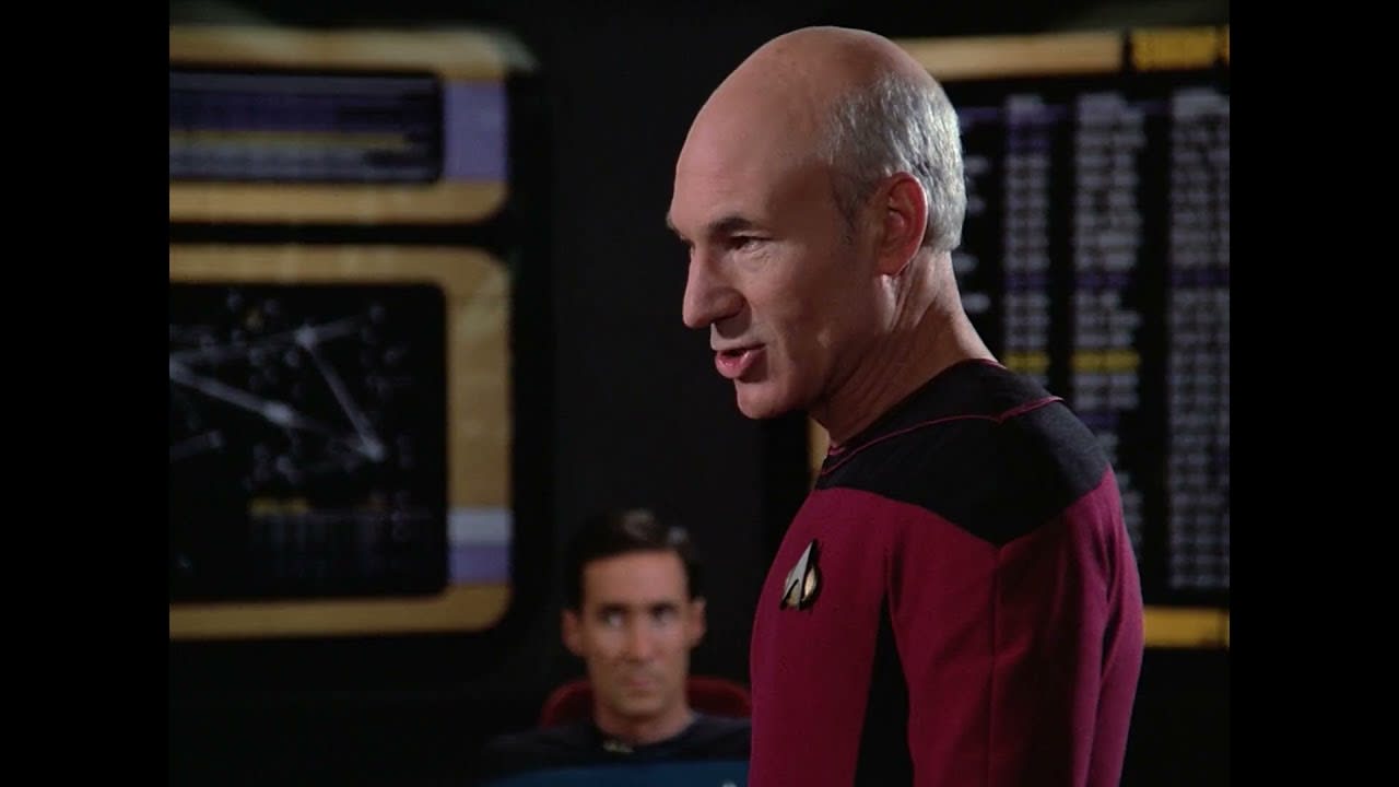 Patrick Stewart as Captain Picard arguing for Data's sentience.