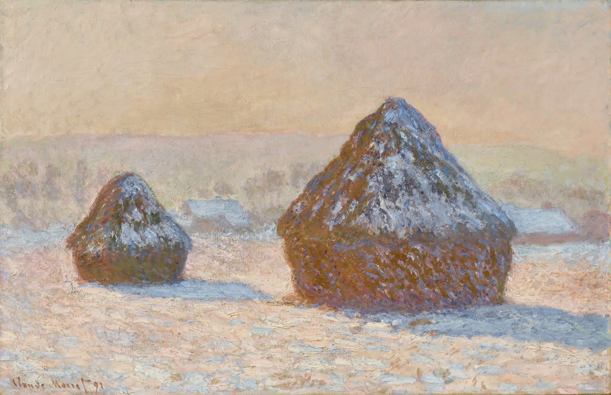 Good morning! Claude Monet painted this pair of wheat stacks in the morning, capturing the cool tones of dawn in winter as the warm sun rises to begin a new day.