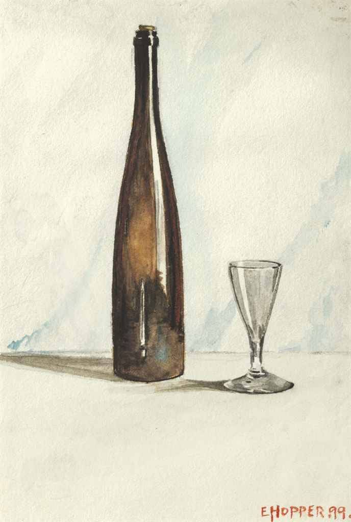 Edward Hopper - Still Life with Wine Bottle and Glass, (1899). Watercolor on paper.