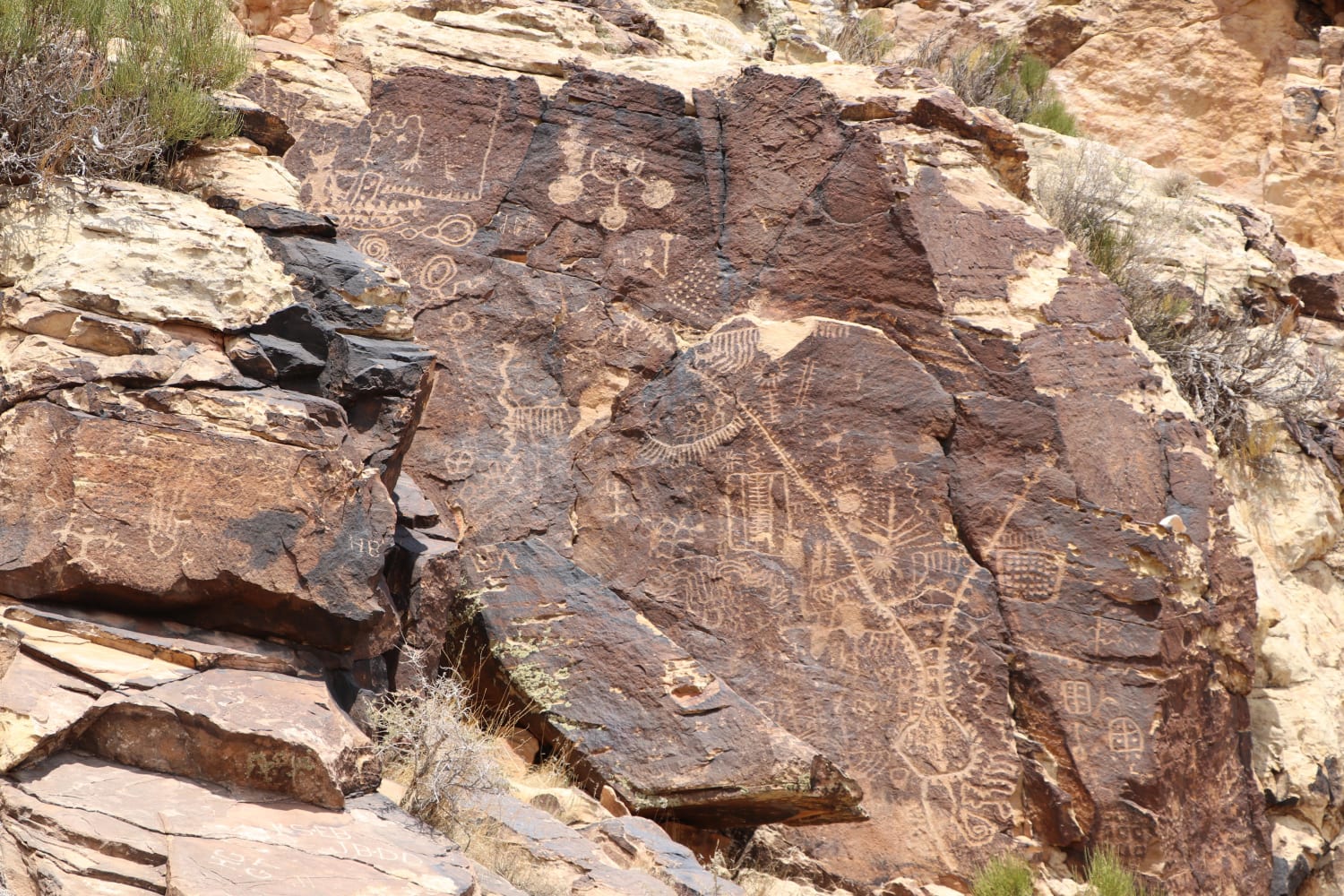 Parowan Gap petroglyphs in Utah carved by Native Americans.