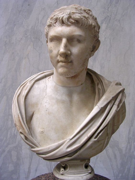 Roman marble bust of Ptolemy of Mauretania, grandson of Cleopatra VII Philopator and Marc Anthony. He was last Roman client king of Mauretania. Dated back to 1st century CE; located in Musei Vaticani, Vatican City.