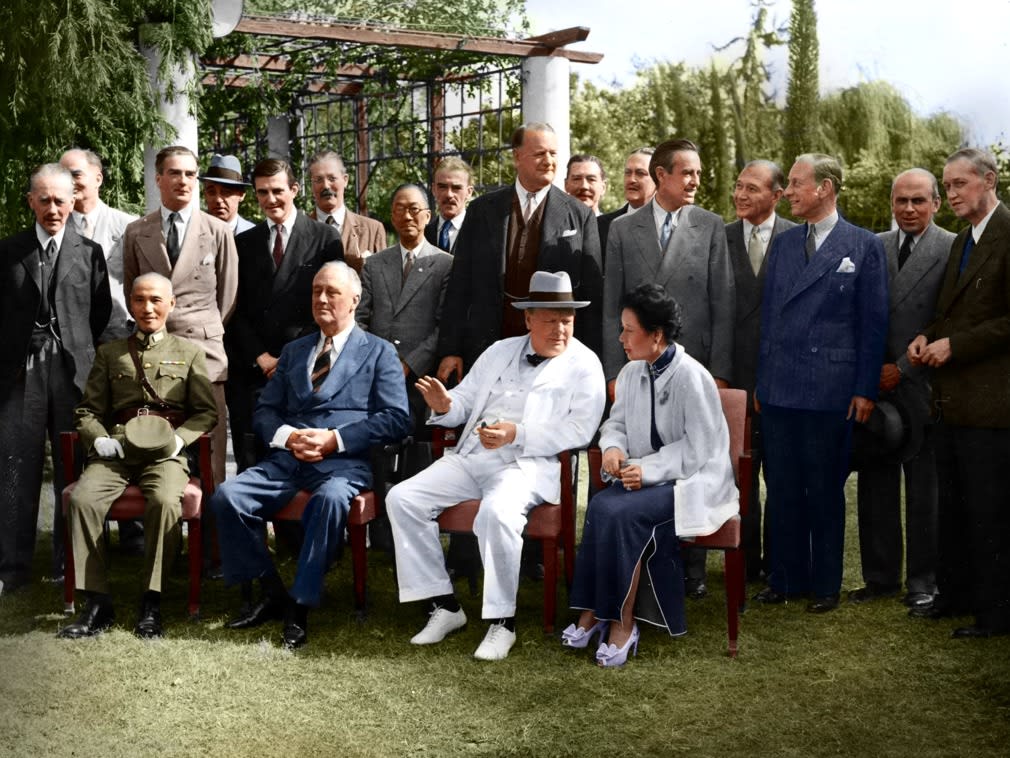 Chinese leader Chiang Kai Shek, American President Franklin Roosevelt, British prime Minister Winston Churchill, and Soong May-ling - Madame Chiang Kai Shek, pictured during the Cairo Conference in Egypt, 1943. [Colorization]