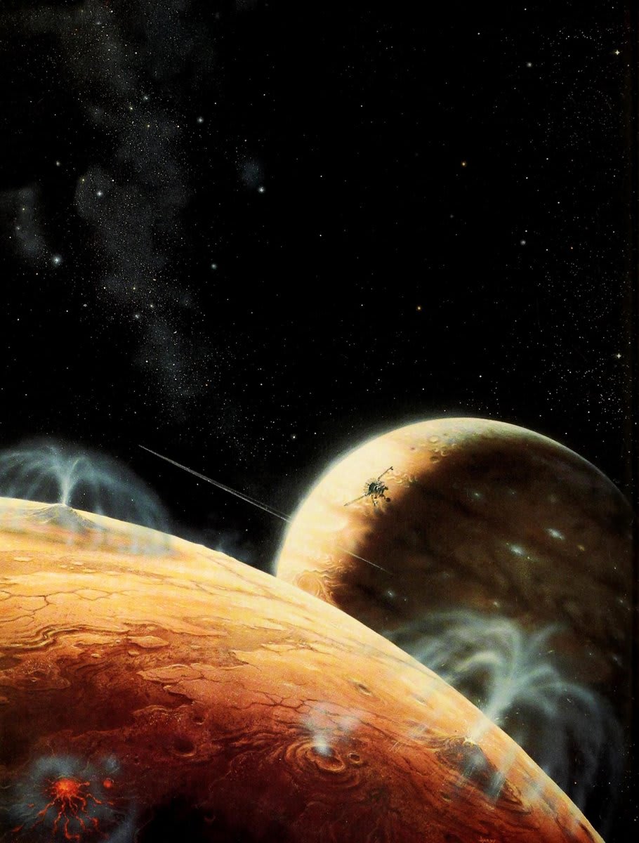 The volcanoes of Io greet the Galileo probe as Jupiter looms large in the background. Space art by David A. Hardy published in Carl Sagan’s “Pale Blue Dot,” 1994.