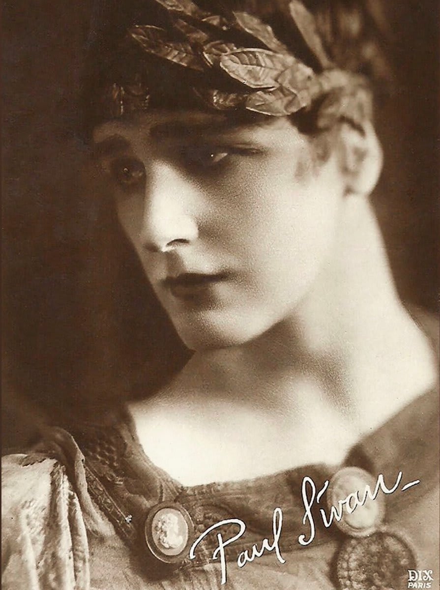 1920s portrait postcard of actor and artist Paul Swan, who in his early career was billed as “The Most Beautiful Man in the World.” Via Dix.
