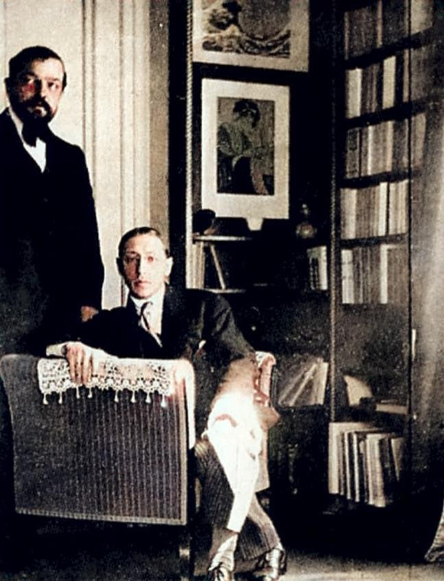 Debussy with Igor Stravinsky: photograph by Erik Satie, June 1910, taken at Debussy's home in the Avenue du Bois de Boulogne [Colorized]