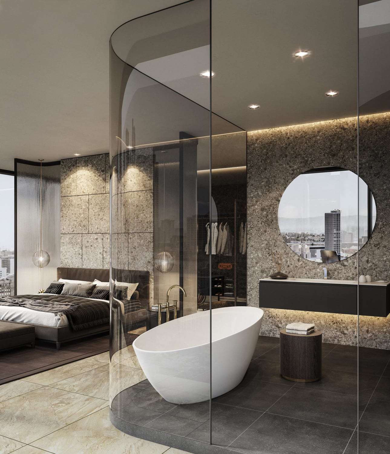 Penthouse Master Bath with Curved Glass Walls - By Georgios Tataridis - Los Angeles, California