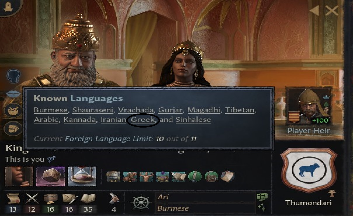 Mildly interesting: all it took was looking in the character search every three months for like 20 years, but I finally managed to teach my Burmese king to speak a European language
