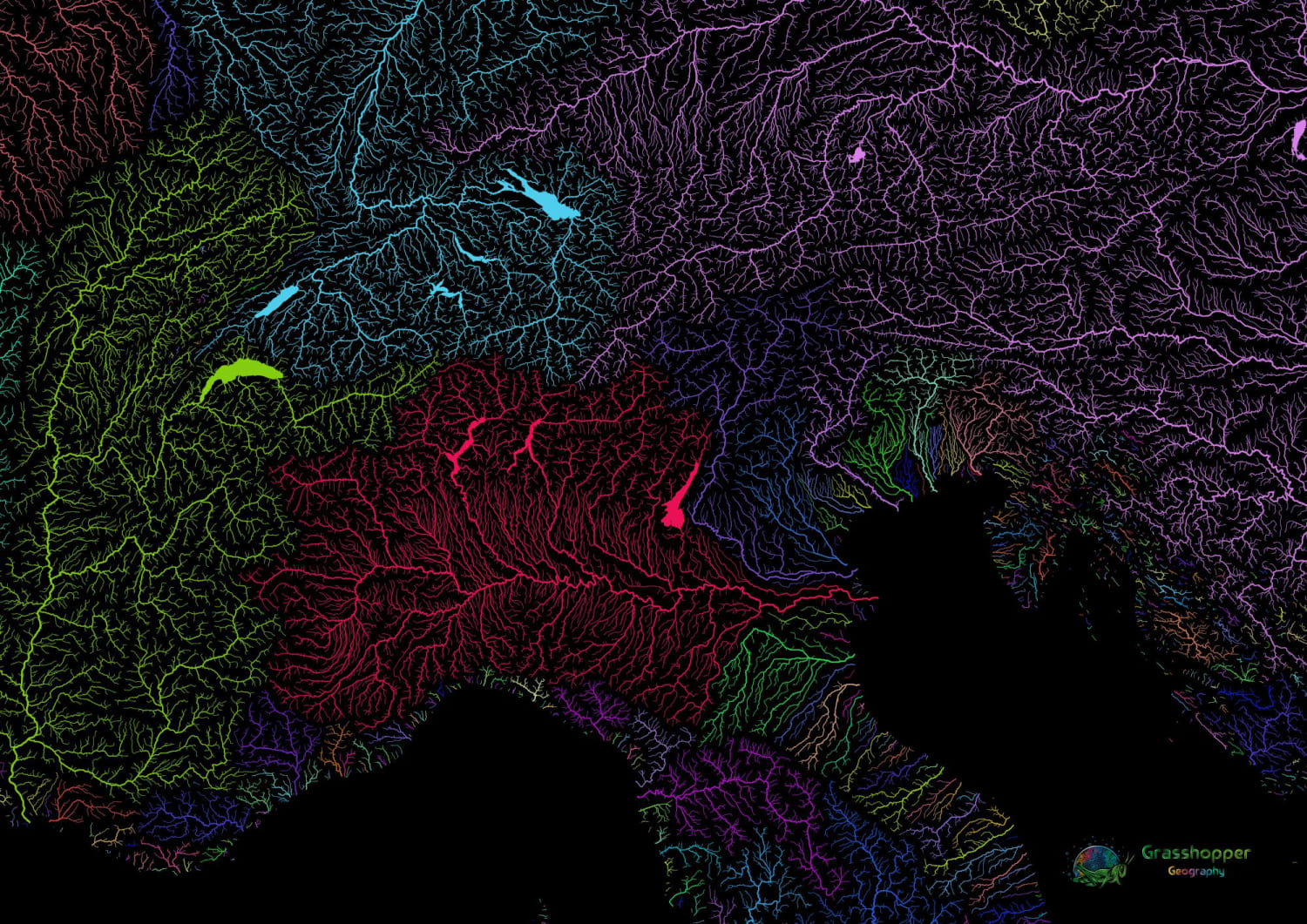River basin map of the Alps
