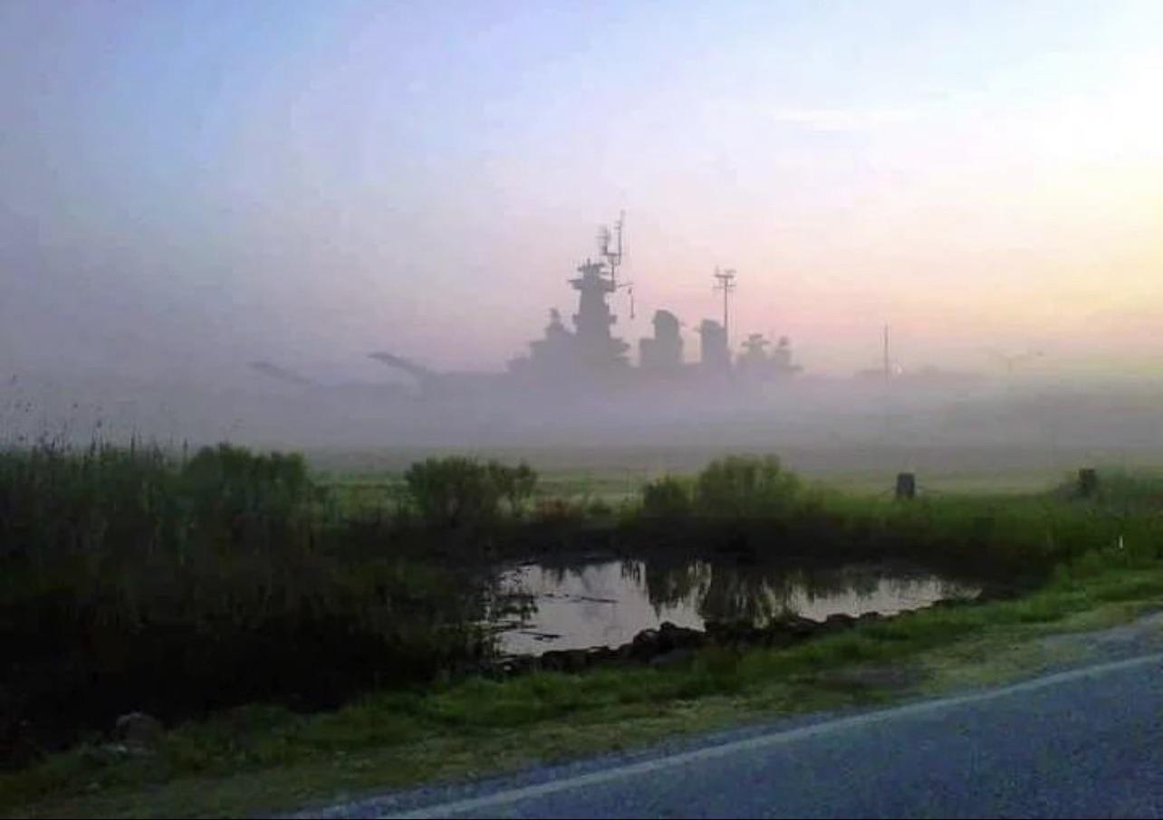 USS North Carolina in the fog