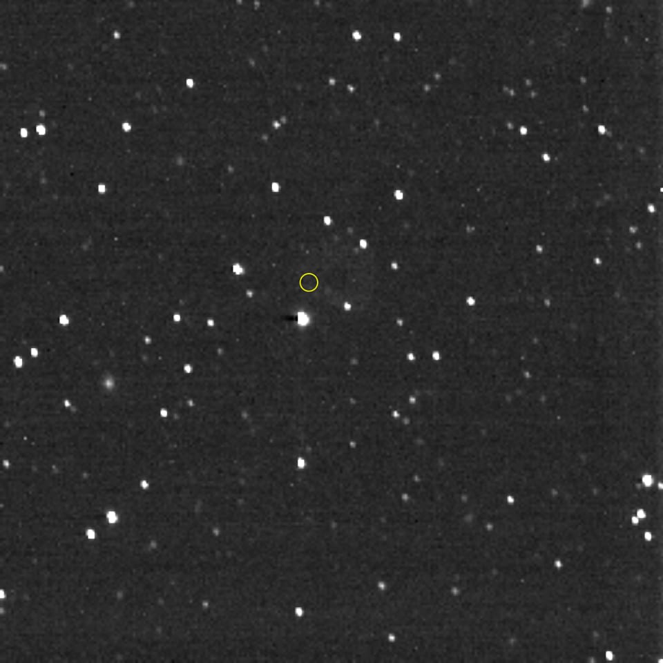 Hello, Voyager! From the Kuiper Belt at the solar system’s frontier, on Christmas 2020, NASA’s New Horizons spacecraft pointed its Long Range Reconnaissance Imager in the direction of the Voyager 1 spacecraft, whose location is marked with the yellow circle.