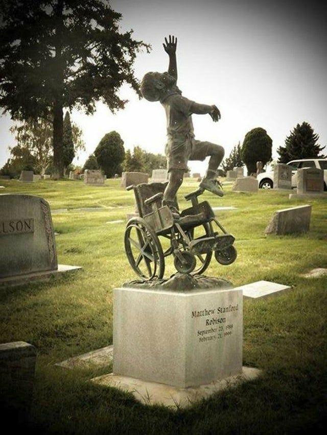 A father designs a headstone for his wheelchair-bound son depicting him "free of his earthly burdens."