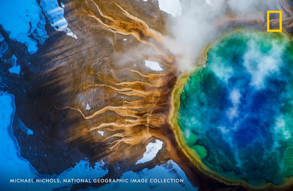 Yellowstone National Park's Grand Prismatic Spring appears resplendent in this stunning aerial view captured by photographer Michael Nichols.