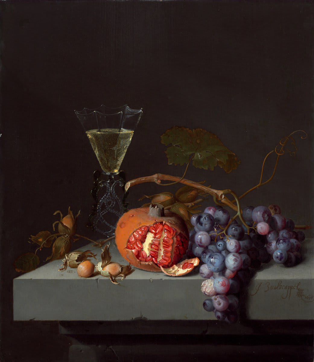 Close your eyes, imagine filling your plate, and asking for seconds. (chef’s kiss) Jacob van Walscapelle, “Still Life with Fruit,” 1675, oil on panel painting