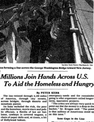 Today in 1986: 6.5 million joined "Hands Across America" in a chain of 4,150 miles. Its links included the rich, the poor and the homeless, movie stars and public officials, a flotilla of hot air balloons, cowboys in covered wagons & paper dolls.
