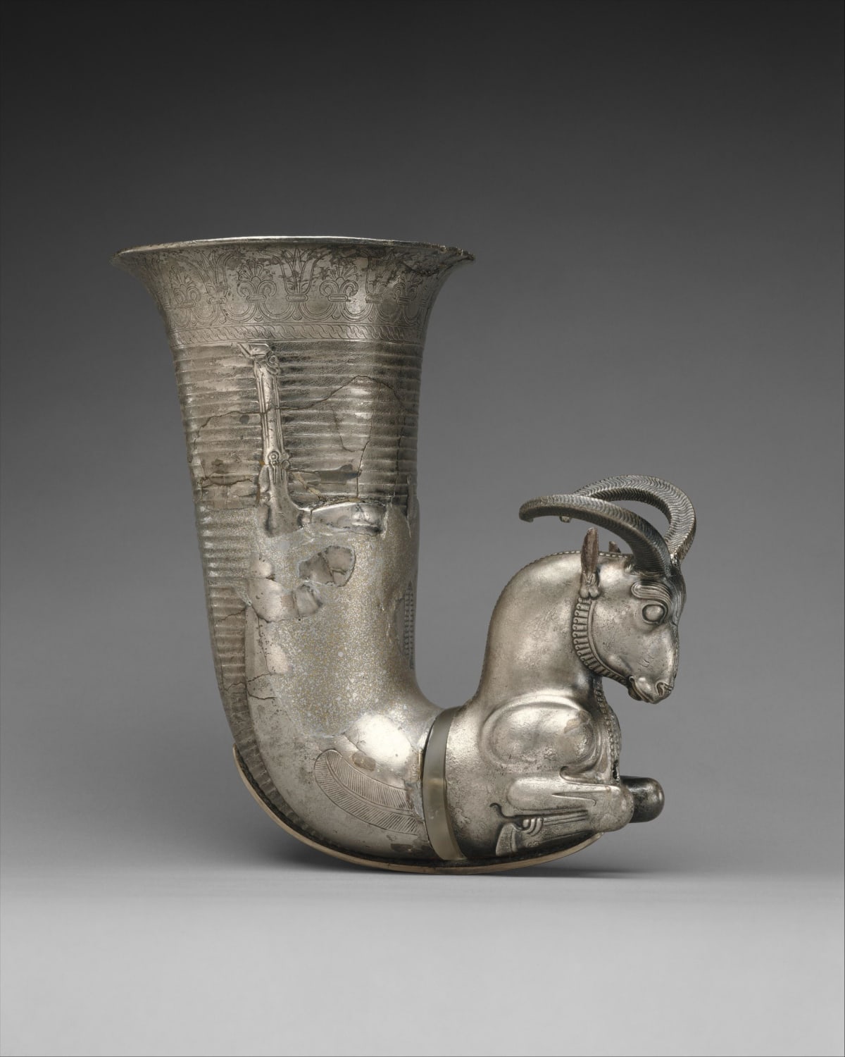 Silver Ram Rhyton from Iran, Achaemenid era, circa 5th century BCE. Usually used at royal banquets, the ability to drink skillfully from a rhyton marked one as a member of the elite. Rhyta were thus symbols of high status. Displayed at the Metropolitan Museum of Art