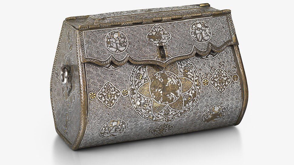 This extraordinary metal handbag was made in Northern Iraq way back circa 1300. It is thought to be the world’s oldest surviving handbag! It's inlaid with gold and silver scenes depicting Mongol court life. Click for details: