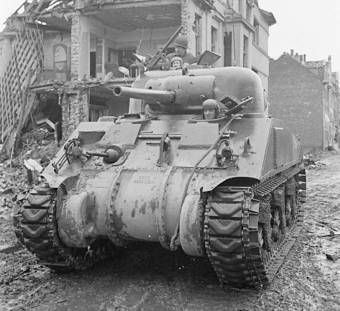 M4 Sherman with the US 32nd Armored Regiment, 3rd Armored Division in Eschweiler, North Rhine-Westphalia, Germany - December, 1944